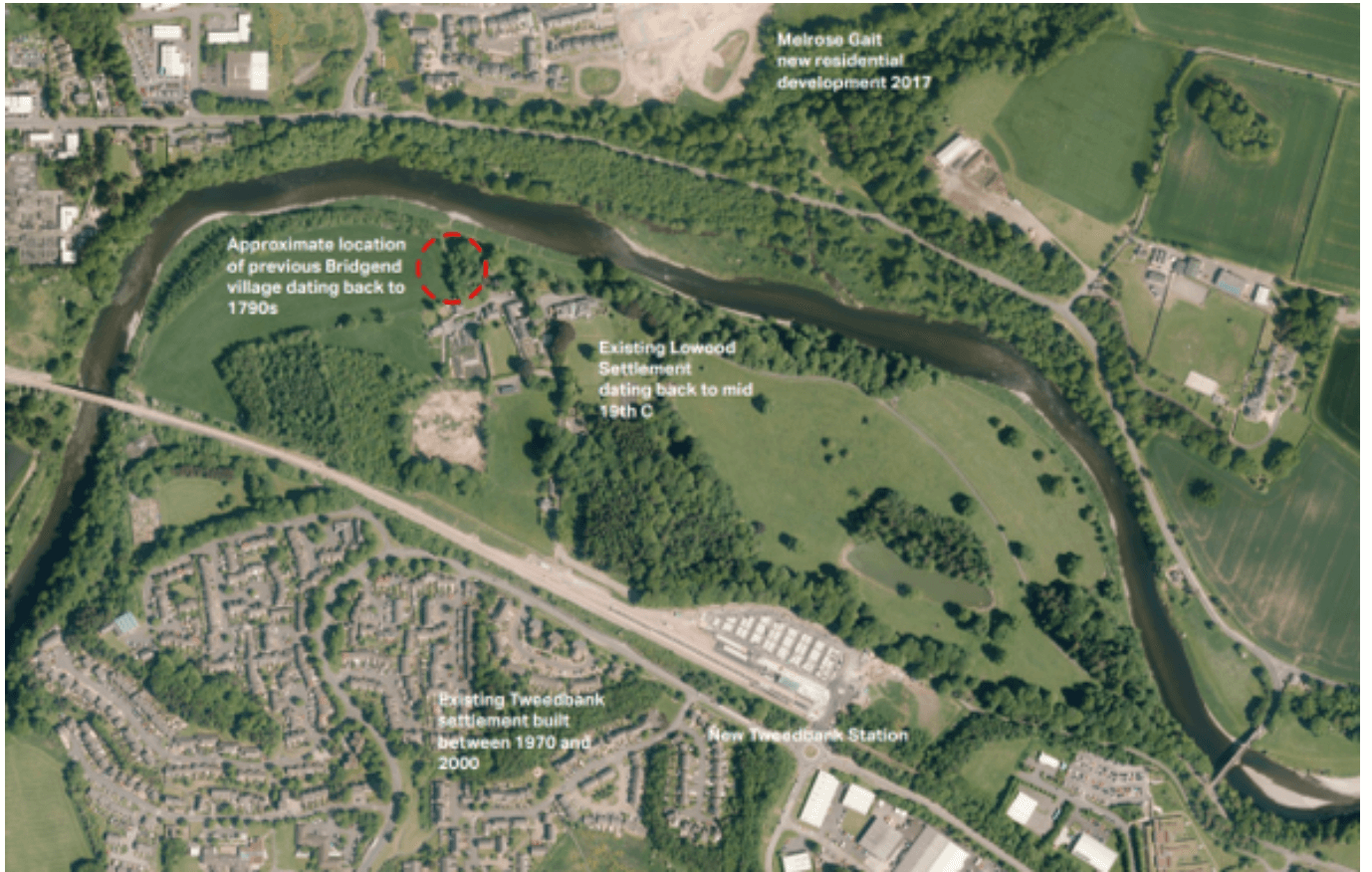 An aerial view of Tweedbank's potential project area being the land north of New Tweedbank station.