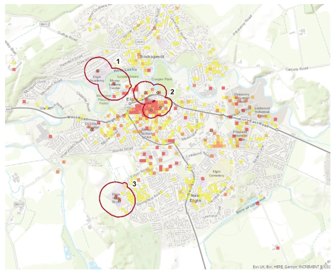 Map of three areas in Elgin that were identified as areas with the highest potential for heat networks in Moray Council’s LHEES.