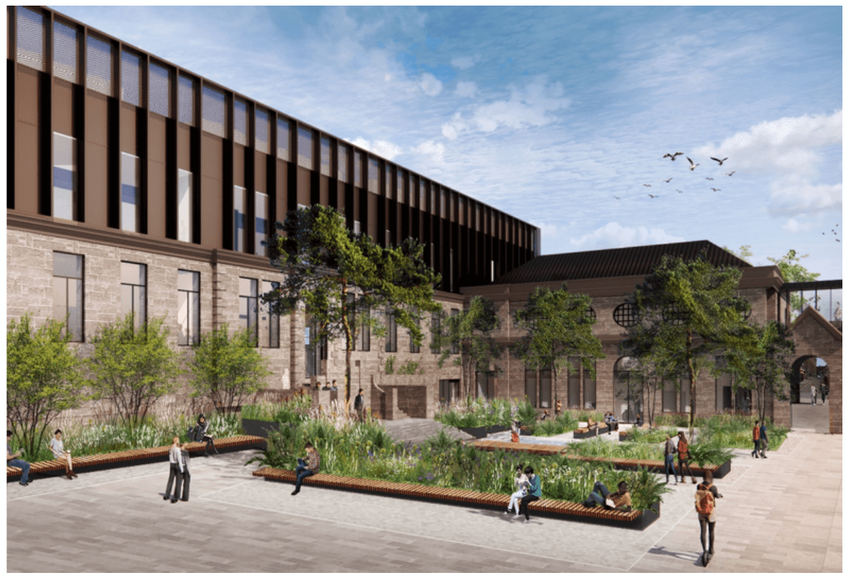 An architect's digital design idea of what the University of Abertay's campus could look like with the inclusion of plants and trees.