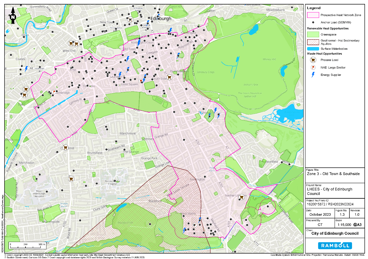 A map of a prospective Edinburgh old town heat network zone.