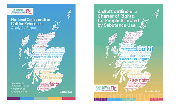 The front covers of two National Collaborative publications – the call for evidence analysis report and the draft outline of a charter of rights.