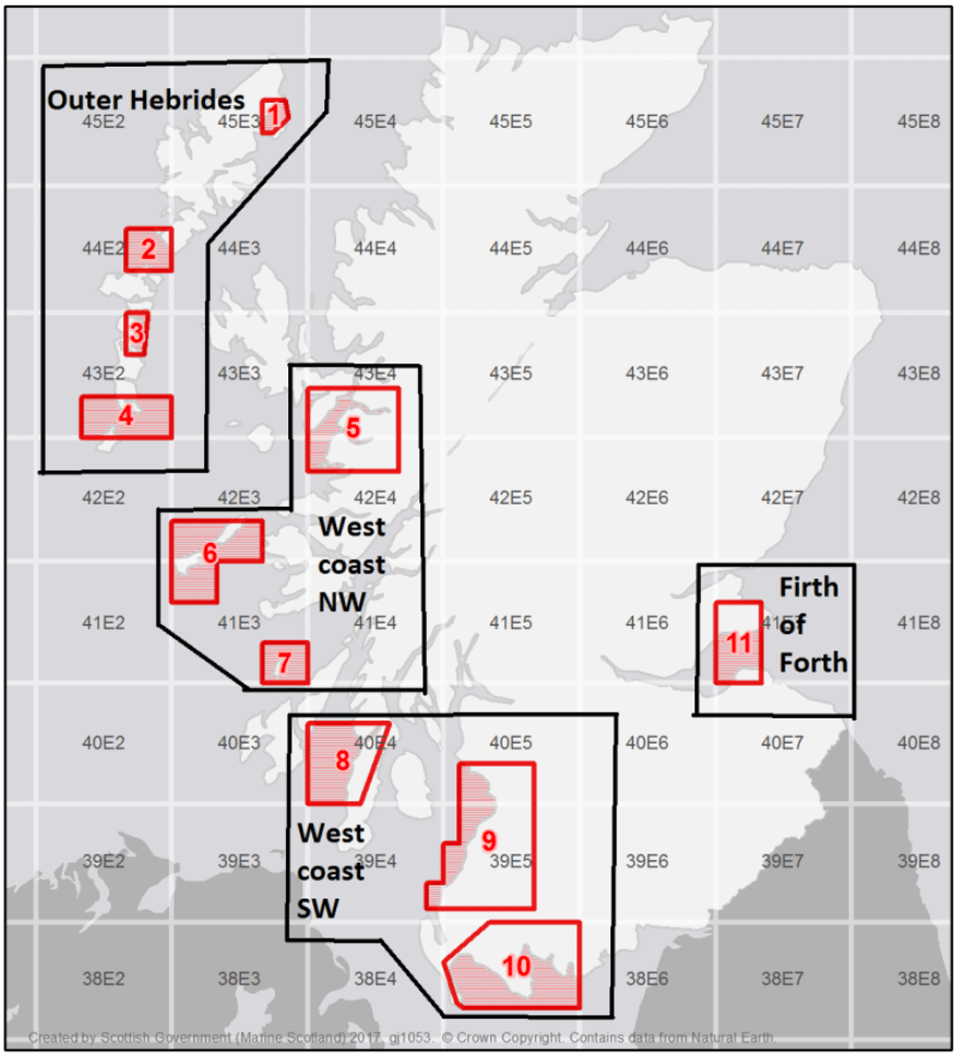 A figure showing a map of Scotland with the ICES statistical squares represented. There are four marked zones (black outlines) representing the Scottish razor clam electrofishery trial zones ( Outer Hebrides, West Coast NW, West Coast SW and Firth of Forth). The trial areas are marked in red and are located inside he black zones. Fishing is permitted only in classified areas (as designated by Food Standards Scotland; Shellfish results | Food Standards Scotland) within the trial areas and these are not detailed on this map. See Appendix 4 for further information of fishing activity within each trial area.