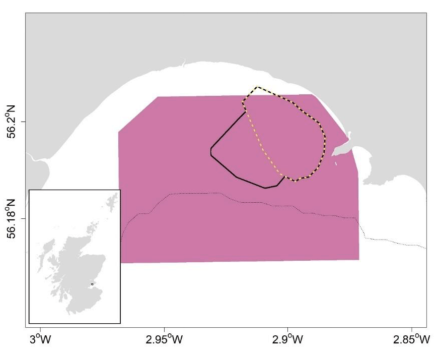 A figure showing a map with the Largo Bay Food Standard Scotland shellfish classified waters for razor clams (shaded pink) situated in the Firth of Forth trial area. Inside this pink area, there are two enclosed areas: the yellow dashed line denotes the fishing area polygon encompassing the majority of the fishing fleet tracks for 2018-2019. The stock abundance estimation area (based on SAMS survey) is bounded by the solid black line. The grey dotted line is a 10 m bathymetric contour.