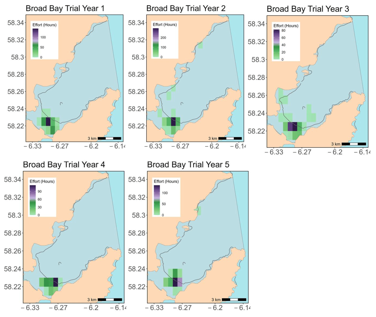 Figure showing five density maps (each map for each Trial Year) representing razor clam fishery footprint for Broad Bay calculated using the total REM fishing effort (hours) fished for Trial Years 1-5 as part of the electrofishery trial. The 10 m depth contour is shown as the dark line. The designated trial area is shown in shaded grey.