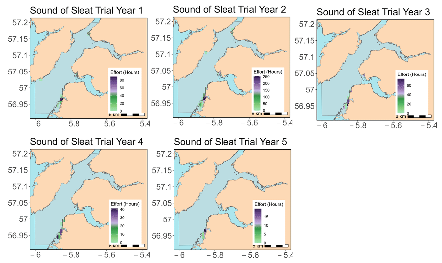 Figure showing five density maps representing total REM fishing effort (hours) for Sound of Sleat 2018-2022. Each map represents a Trial Year. The 10 m depth contour is shown as the dark line. The designated trial area is shown in shaded grey.