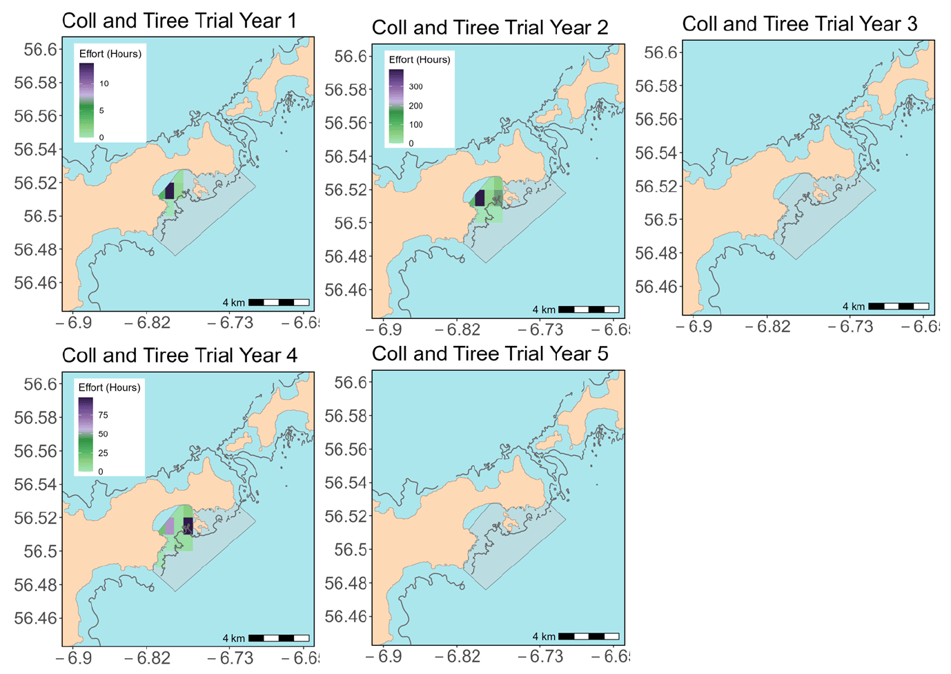 Figure showing density five maps representing the total REM fishing effort (hours) for Coll and Tiree Trial Years 1-5. The 10 m depth contour is shown as the dark line. The designated trial area is shown in shaded grey.