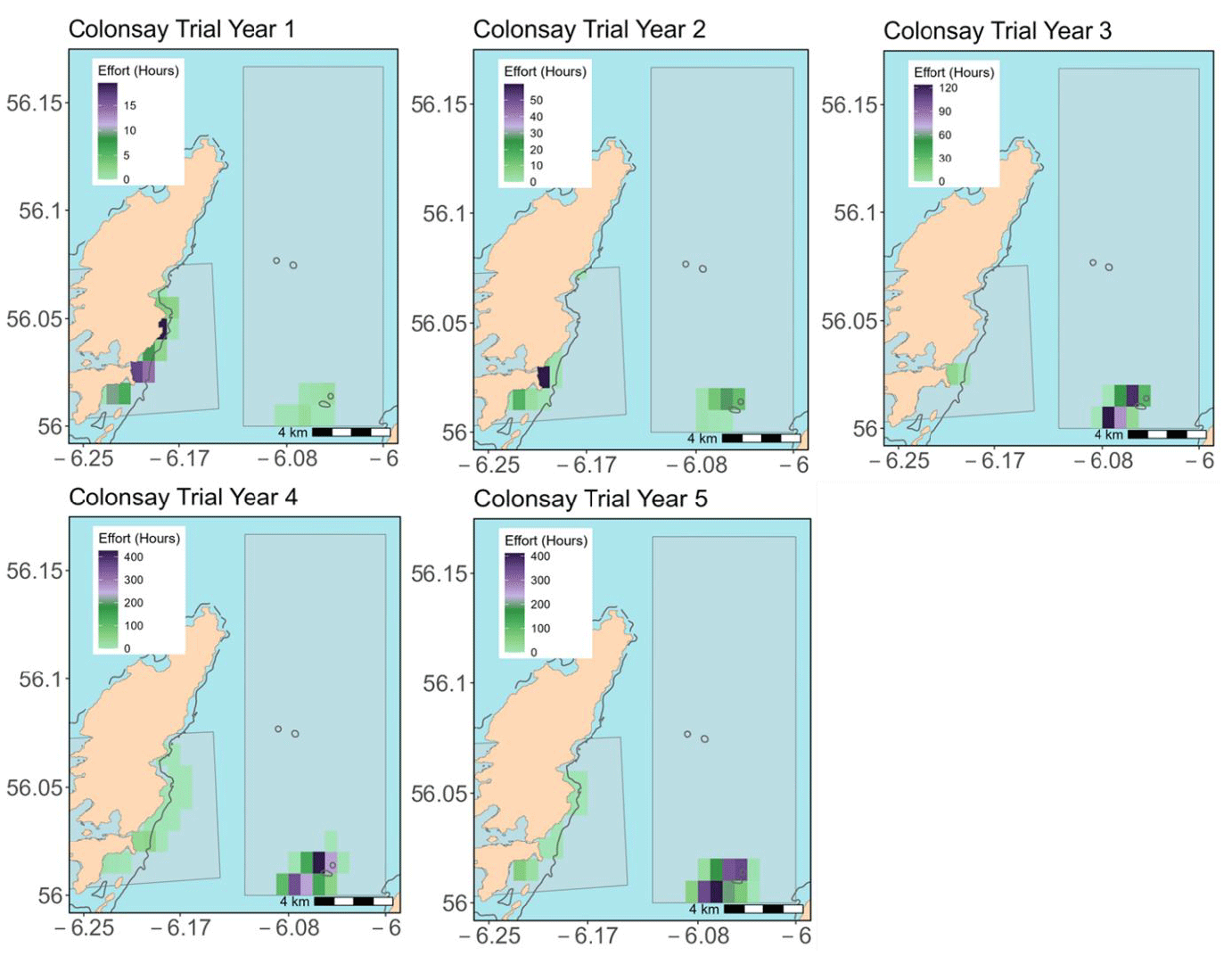 Figure showing the total REM fishing effort (hours) for vessels targeting razor clams in the Colonsay trial area as part of the electrofishery trial (Years 1-5)