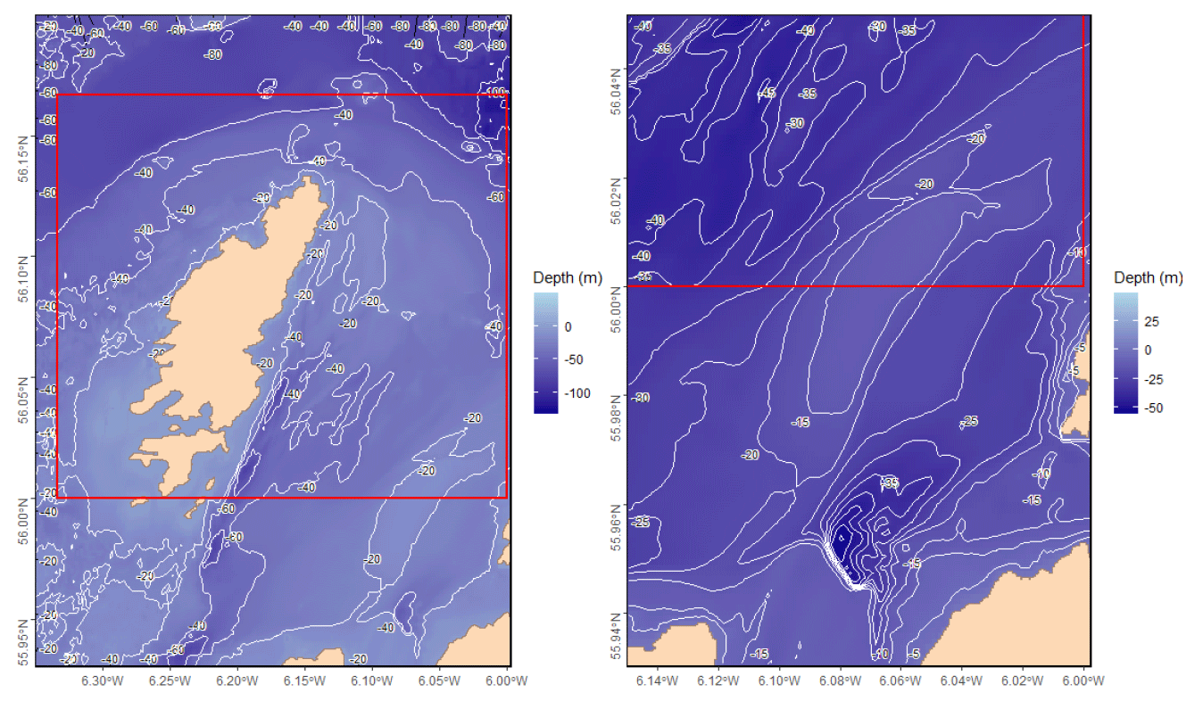 Figure showing the bathymetry of Colonsay trial area (left) and Tarbet Bank region (right). Red solid line indicates the Trial area boundary. Future surveys are required to investigate razor clam density on the Tarbert bank.Graphical user interface, map