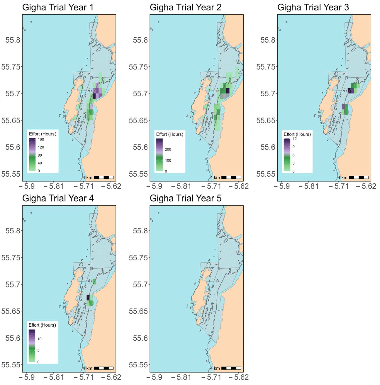 Figure showing five density maps representing total REM fishing effort (hours) for Gigha Trial Years 1-5. The 10 m depth contour is shown as the dark line. The designated trial area is shown in shaded grey.