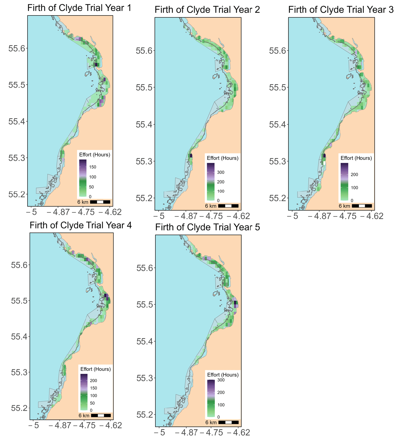 Figure showing density five maps representing total REM fishing effort (hours) for Firth of Clyde Trial Years 1-5. The 10 m depth contour is shown as the dark line. The designated trial area is shown in shaded grey.