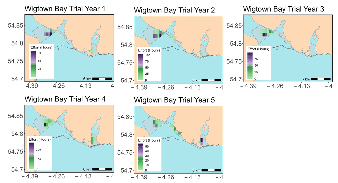 Figure showing five density maps representing total REM fishing effort (hours) for vessels targeting razor clams in the Wigtown Bay trial area in Trial Years 1-5 as part of the electrofishery trial. The 10m depth contour is shown as the dark line. The designated trial area is shown in shaded grey.