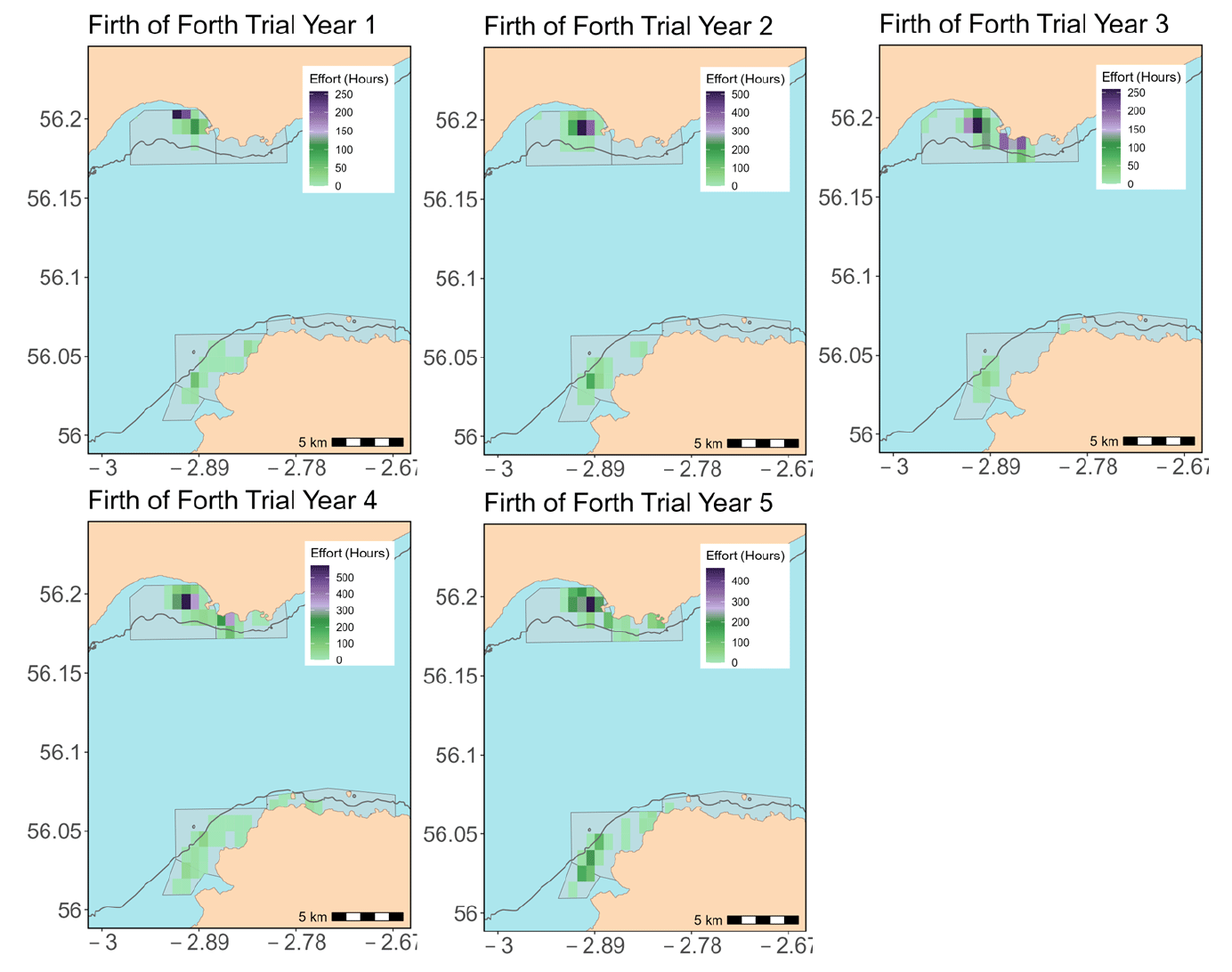 Figure showing five density maps representing total REM fishing effort (hours) for vessels targeting razor clams in the Firth of Forth trial area in Trial Years 1-5 as part of the electrofishery trial. The 10m depth contour is shown as the dark line. The designated trial area is shown in shaded grey.