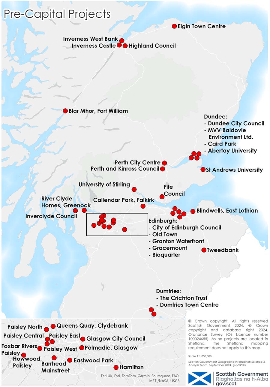 Map of pre-capital projects supported by the Heat Network Support Unit since 2022.