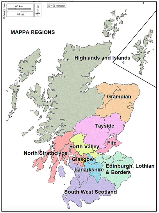 A map of the ten MAPPA regions in Scotland. From top to bottom; Highlands and Islands, Grampian, Tayside, Fife, Forth Valley, North Strathclyde, Glasgow. Lanarkshire, Edinburgh, Lothian & Borders and South West Scotland.
