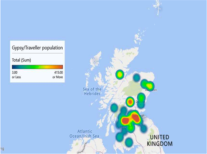 A heat map showing the distribution and concentration of the Gypsy/Traveller population