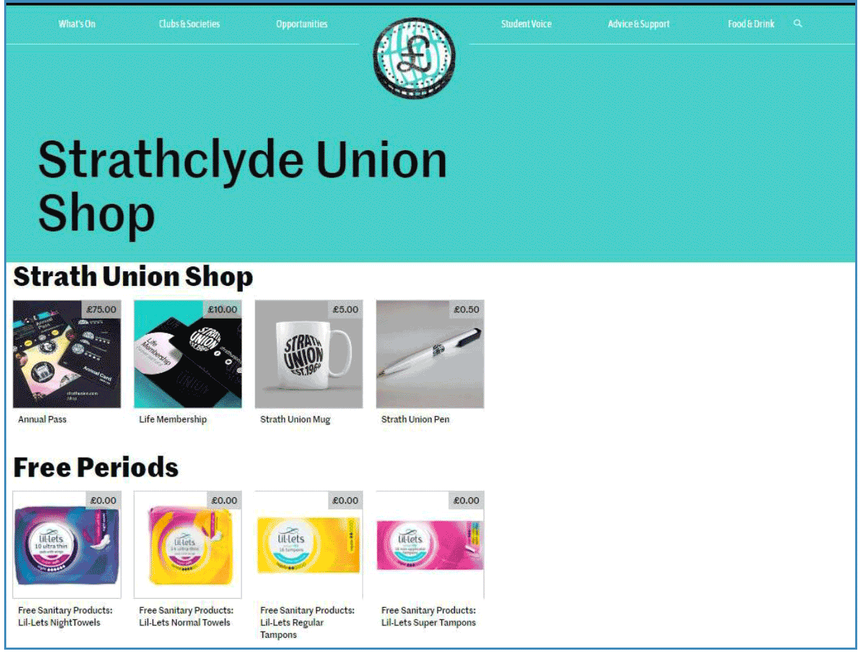 Screen capture of Strachclyde Union Shop website. It shows the range of free period products available. Free products include: night towels, normal towels, regular tampons and super tampons.