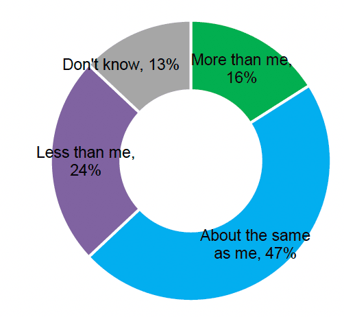 Pie chart showing the report feel that, on average, other people are doing about the same as them to tackle climate change, rather than doing more of less.