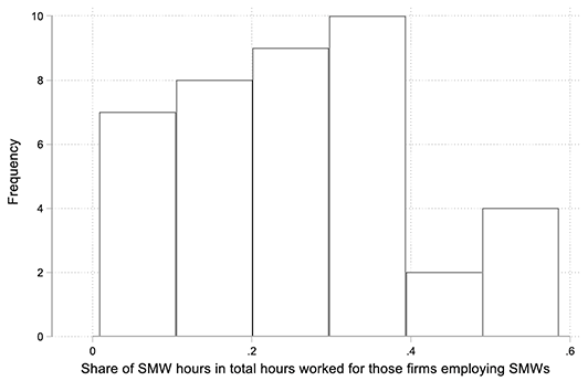 A bar chart showing the share of hours worked by seasonal migrant workers in those firms which employ seasonal migrant workers. The results are discussed in the main body of the text.
