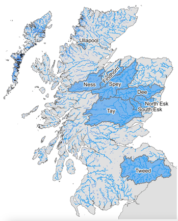 Map of Scotland showing the river catchments investigated highlighted and named.
