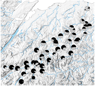 Map of the river Spey with pie charts showing the proportion of early (filled) and later (dashed) running fish in a sample of juveniles.A map of a mountain with black circles