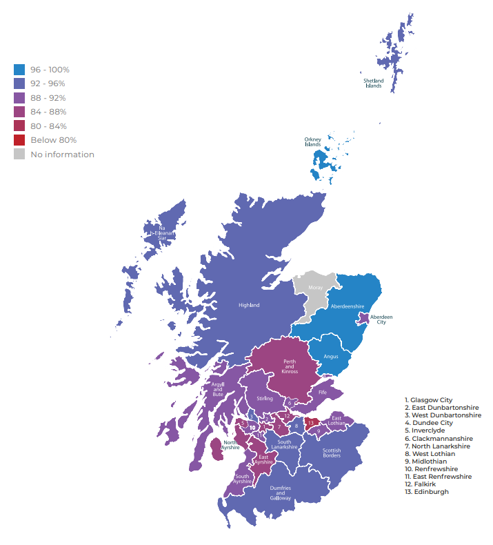 This map displays the proportion of litter from pedestrian sources in different regions of Scotland 