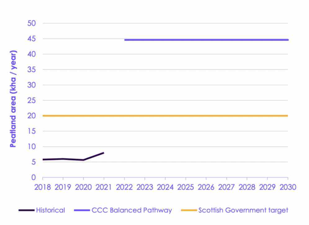 Line graph showing the historical peatland restoration rates in Scotland fall short of Scottish Government targets and the CCC's 'Balanced Pathway' recommendations