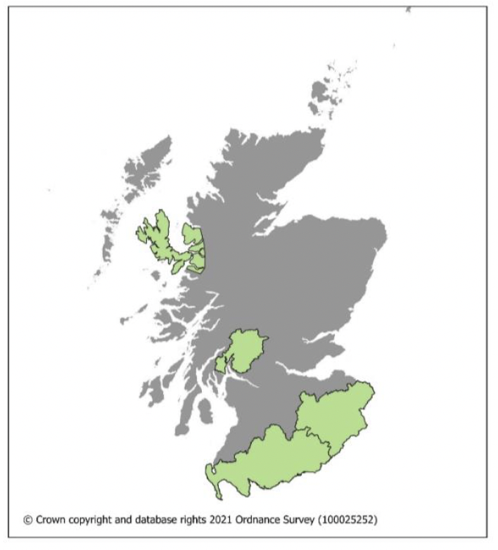 A map of Scotland highlighting the identified target regions