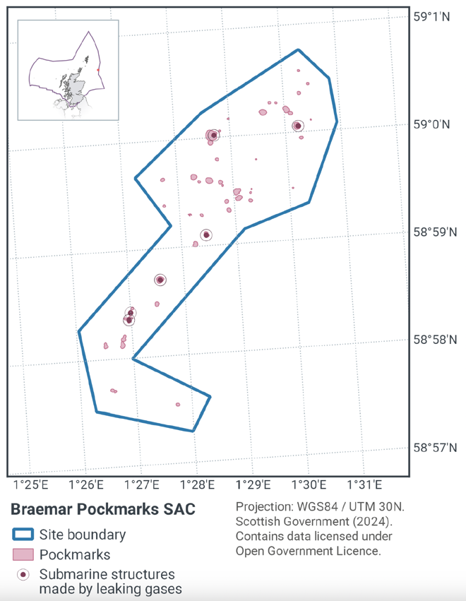 Map of Braemar Pockmarks SAC, significantly east of Orkney between 59°1N 1°26E and 58°57N 1°31E. The boundaries of the SAC encompass an area of pockmarks, with submarine structures made by leaking gases present in the north, and in a higher concentration in the narrower central and southern portion of the SAC.