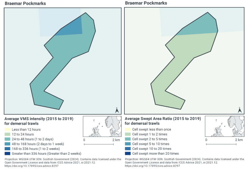 Map of Braemar Pockmarks SAC showing 24-48 hours demersal trawling activity yearly in most of the SAC, with part of the northern area experiencing 48-168 hours yearly.
	  
	  Map of Braemar Pockmarks SAC showing 1-2 sweeps yearly for demersal trawls in most of the SAC, with much of the northern area experiencing 2-5 sweeps yearly.