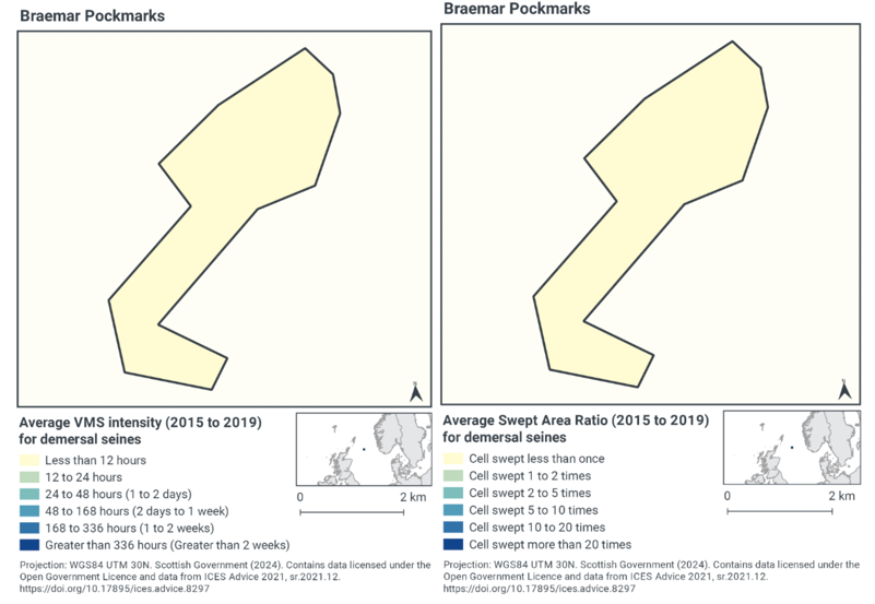 A map of Braemar Pockmarks SAC showing less than 12 hours demersal seine activity per year across the SAC
	  
	  A map of Braemar Pockmarks SAC showing less than 1 sweep of demersal seine activity per year across the SAC