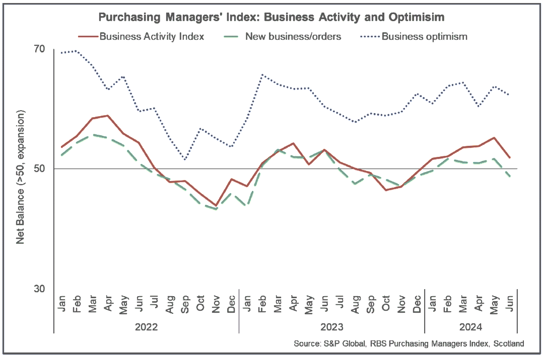 Line chart showing business activity and optimism growth remained positive in 2024 though slowed slightly in June 2024. 