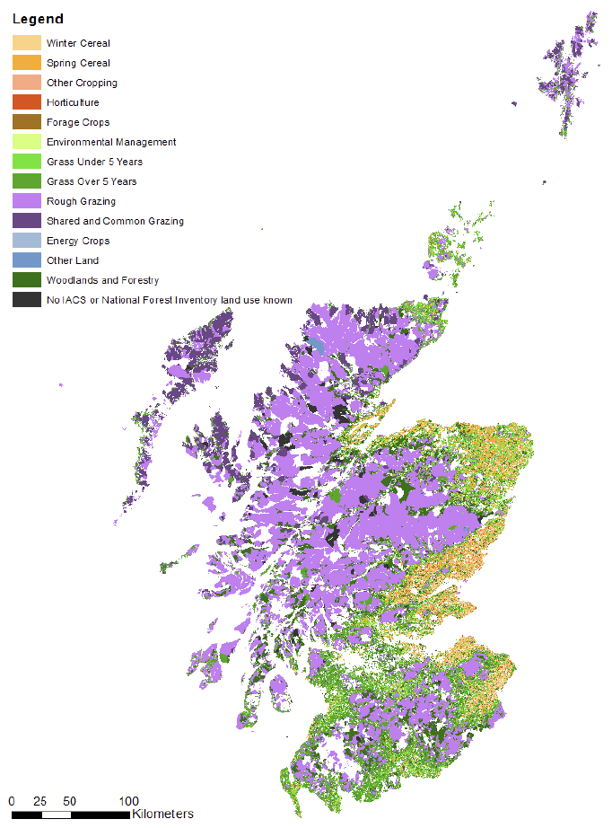 Map by the James Hutton Institute showing land use by geographic area. The dominant colour is light purple which denotes rough grazing.