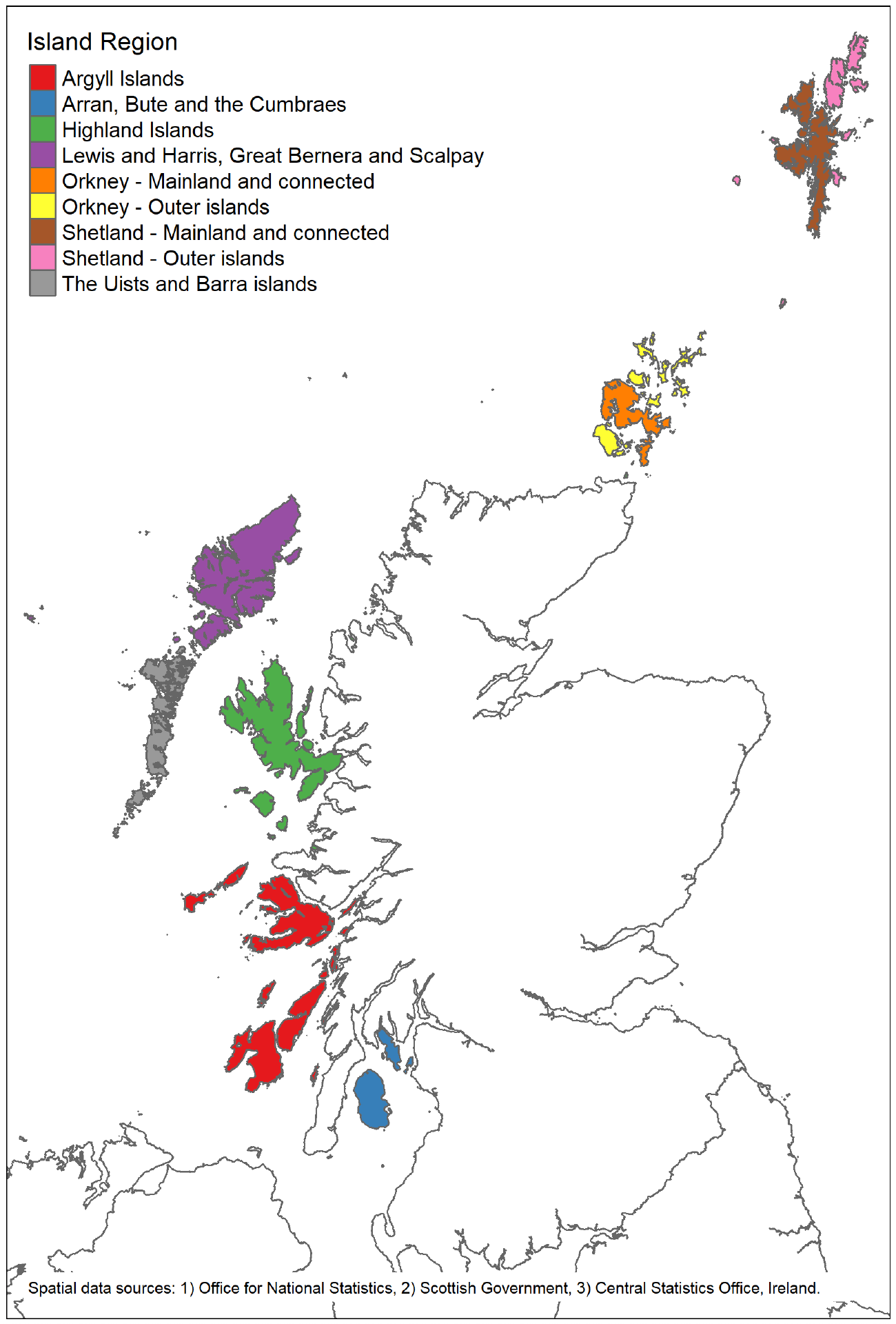 This is a map of Scotland showing the nine Scottish Island Regions in different colours. The regions are: Argyll Islands; Arran, Bute and the Cumbraes; Highland Islands; Lewis and Harris, Great Bernera and Scalpay; Orkney - Mainland and connected; Orkney - Outer islands; Shetland - Mainland and connected; Shetland - Outer islands; The Uists and Barra islands