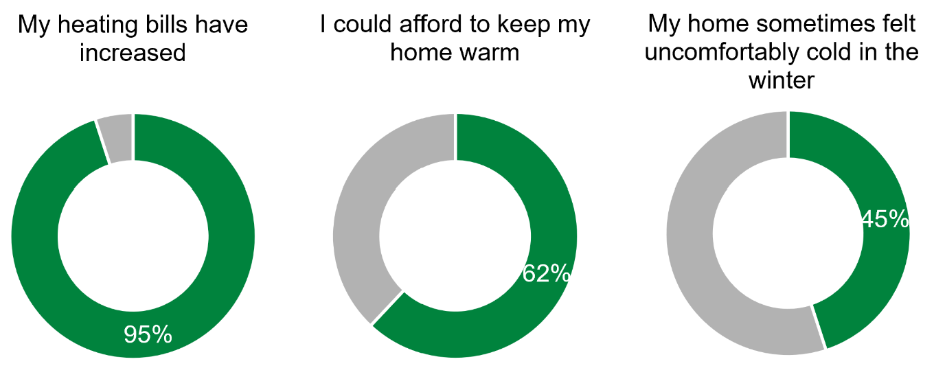 This figure comprises three donut charts showing the percentage of respondents that agreed with the following statements about heating the home. The responses are as follows: My heating bills have increased, 95%; I could afford to keep my home warm, 62%; My home sometimes felt uncomfortably cold in the winter, 45%