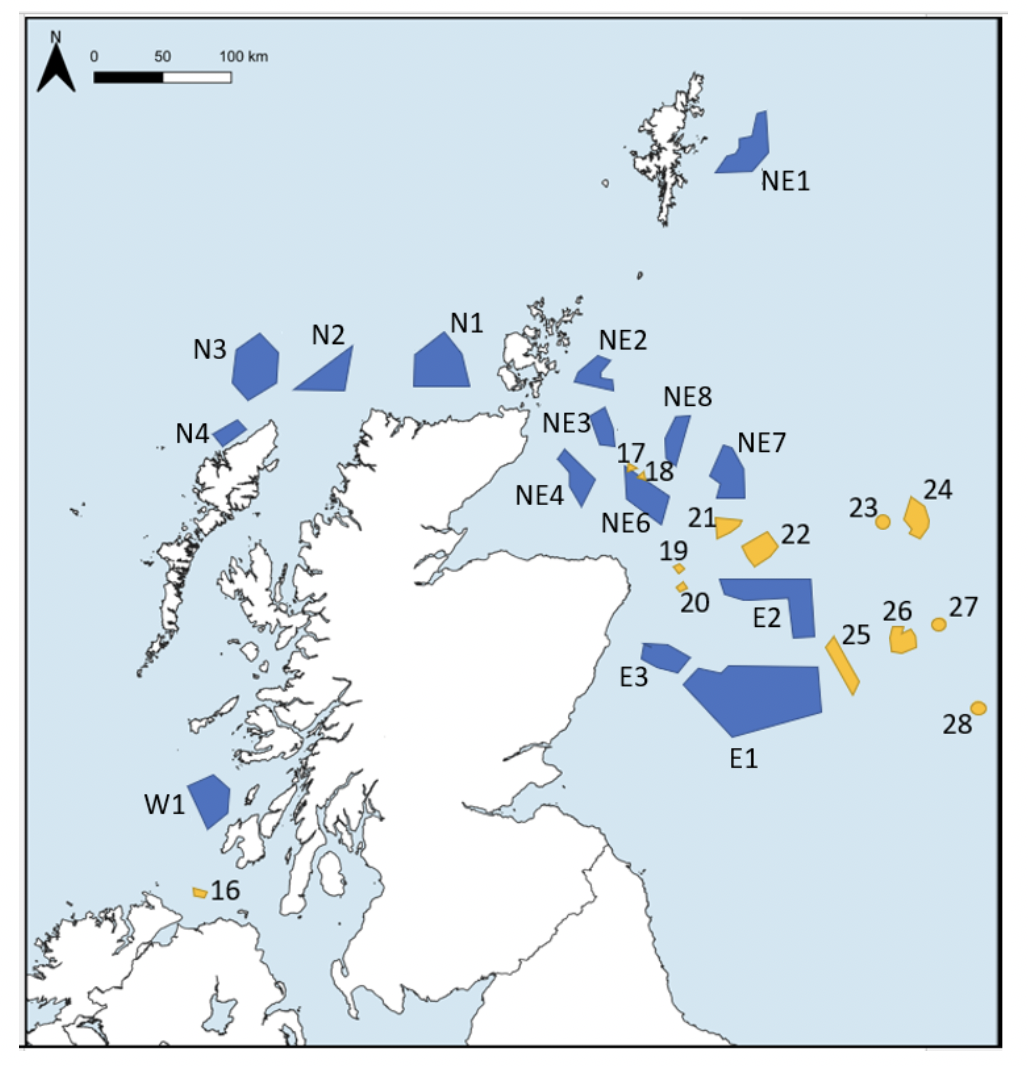 A map of Scotland and the near coastal environment showing the different proposed development areas.