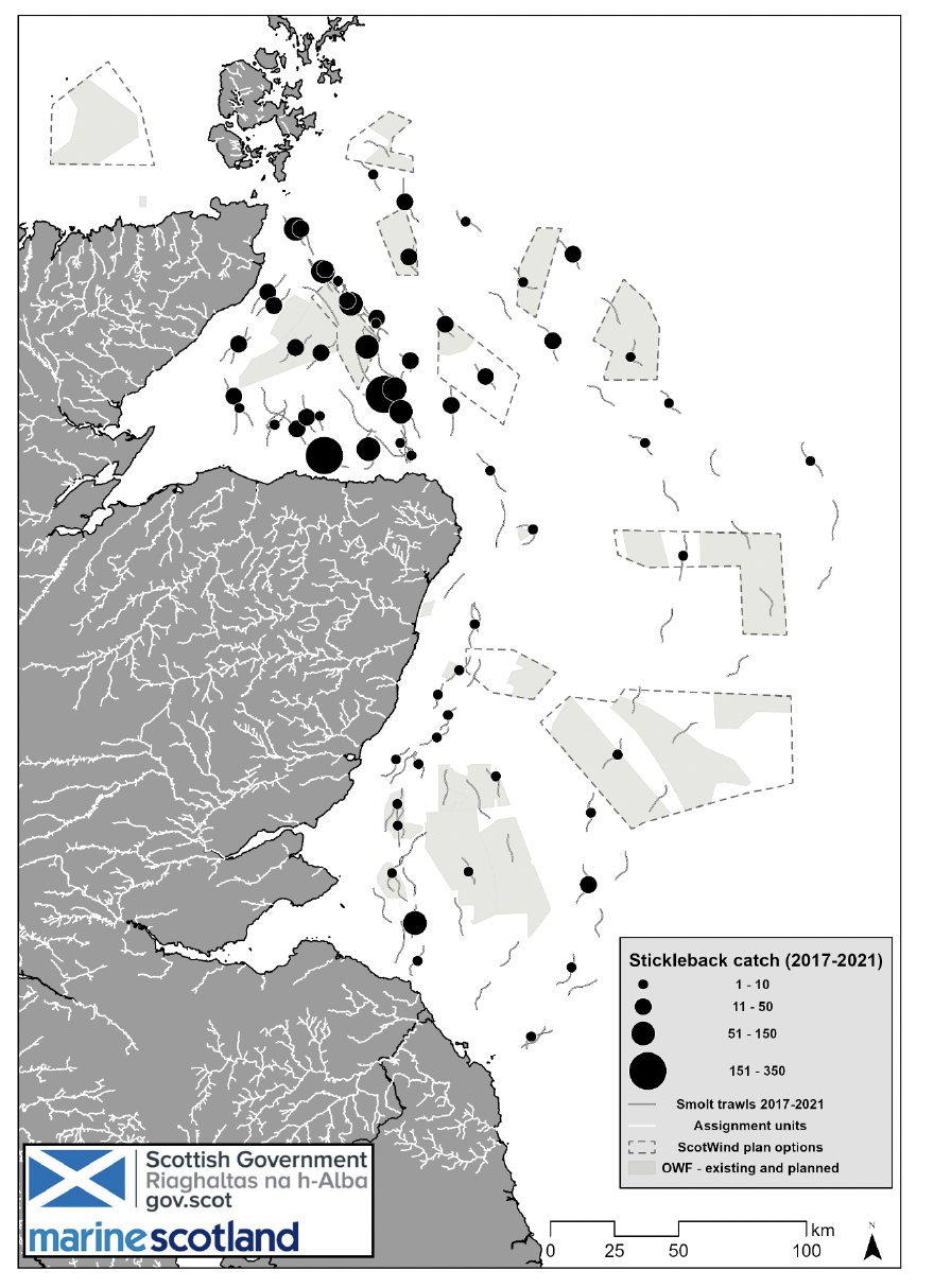 A map of the north east coastal region showing the location of sticklebacks captured from trawls.