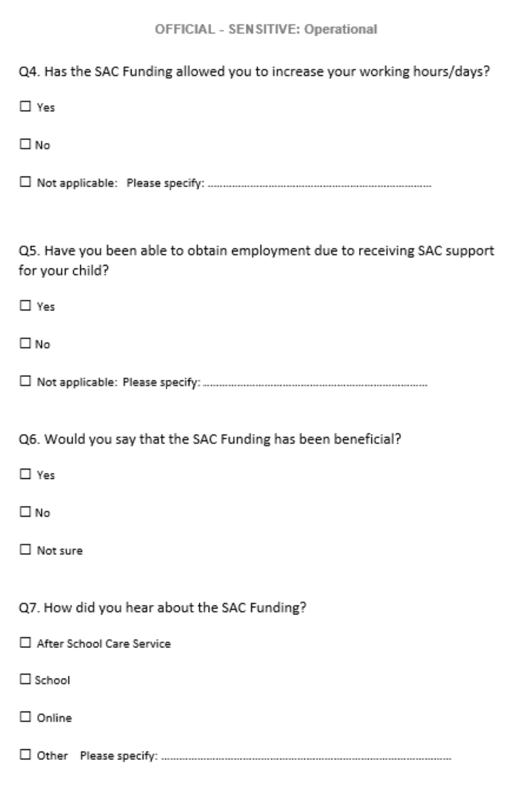 Questionnaire includes the following: Has the funding allowed respondent to increase working hours/days, have they been able to obtain employment due to receiving this support, has the funding been beneficial to respondent, how did they hear about the funding.