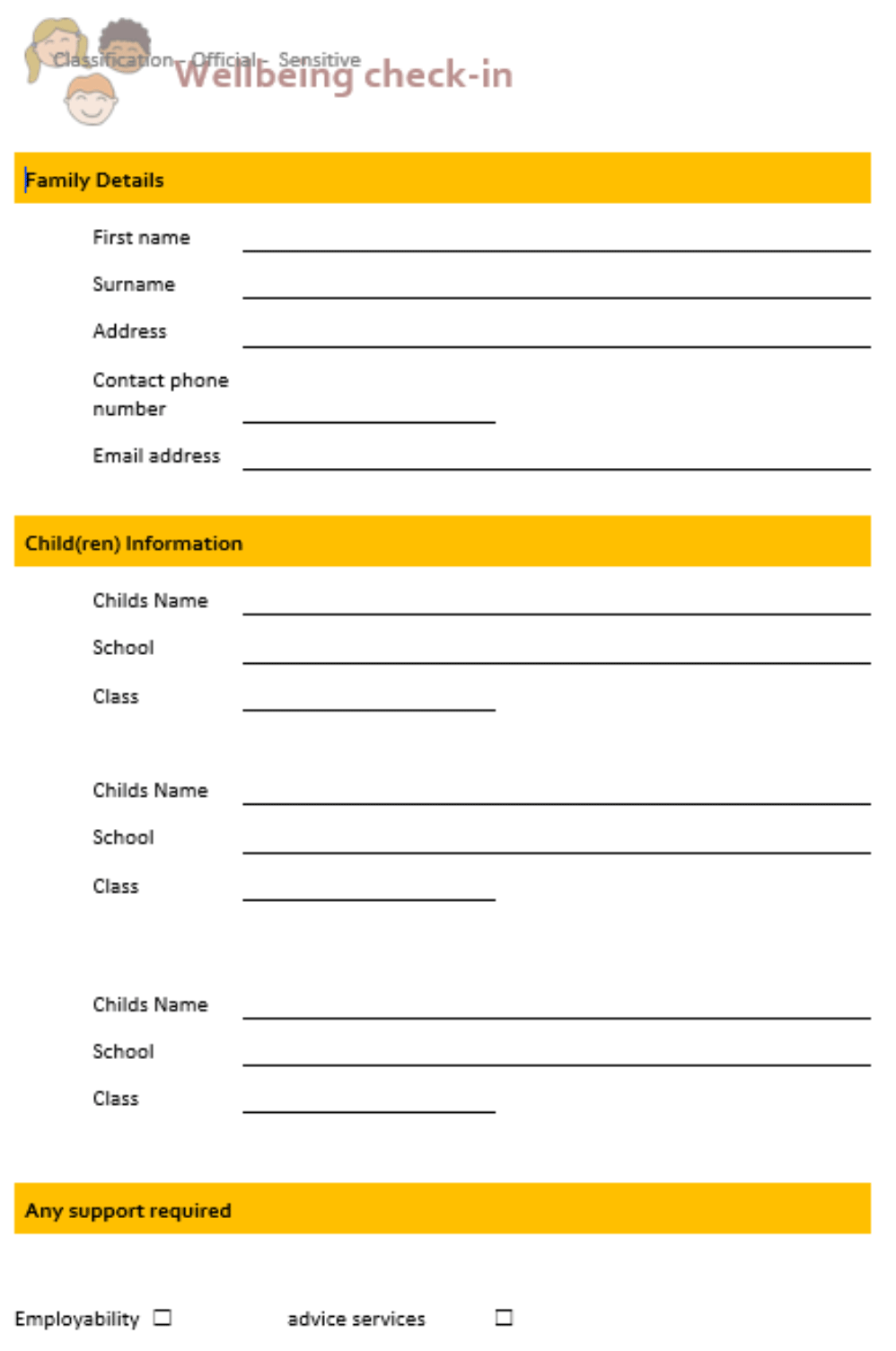 Questionnaire includes the following: Name, address, phone number, email, child(ren)'s name, school, class, whether respondent requires support from employability or advice services.