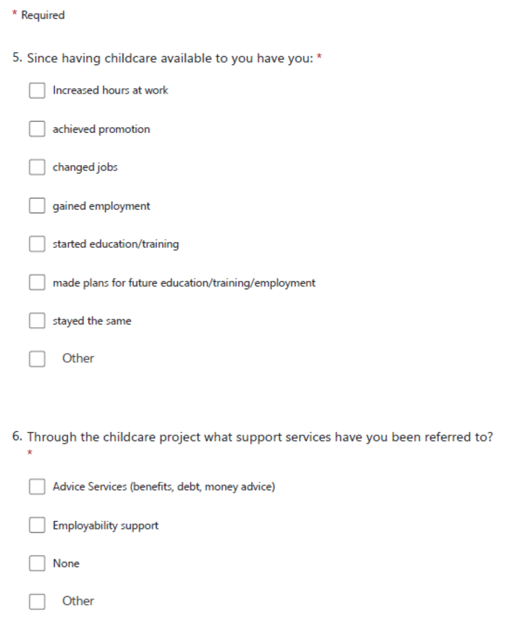 Questionnaire includes the following: impacts of childcare for parents' work, training or education, whether parents have been referred by the childcare project to advice services or employability support.