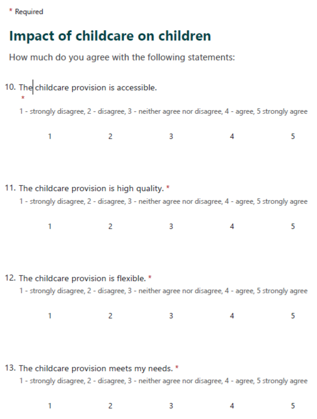 Questionnaire includes the following: the extent to which parents agree that childcare is accessible, that it is high quality, that it is flexible, and that the childcare provision meets their needs.