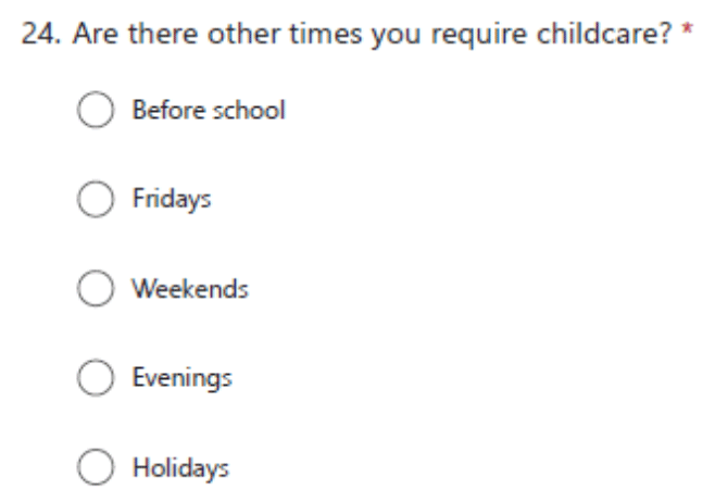 Questionnaire includes the following: whether there are other times respondents require childcare.