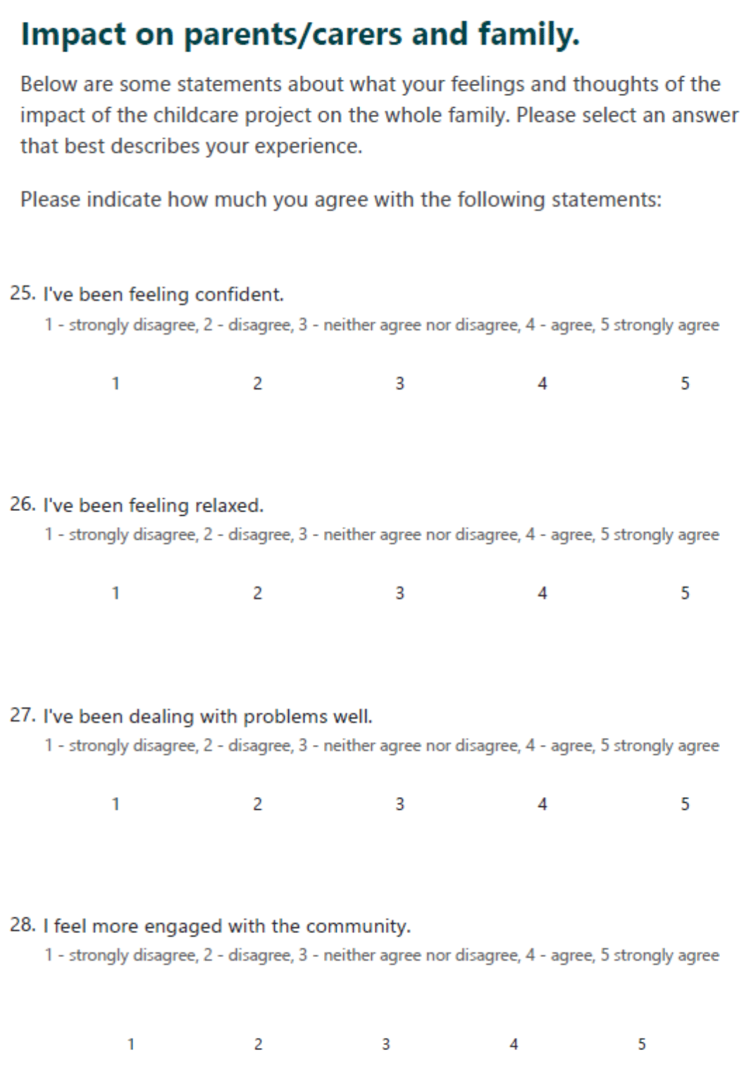 Questionnaire includes the following: the extent to which parents agree they've been feeling confident, relaxed, dealing with problems well, and engaged with the community.