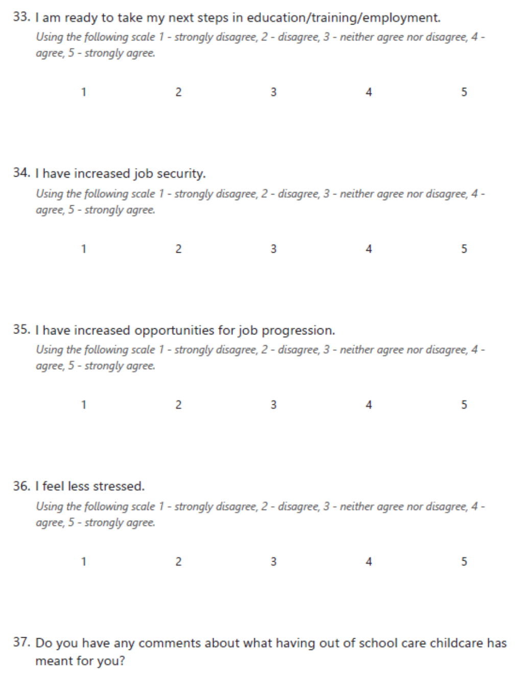 Questionnaire includes the following: the extent to which parents agree they're ready to take steps in education/training/employment, they have increased job security, job progression, they feel less stressed, and any other comments on what this childcare has meant for them.