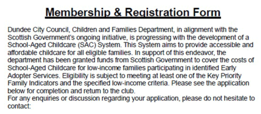 An introduction to the Membership & Registration Form, including contact details of project lead and family support worker.