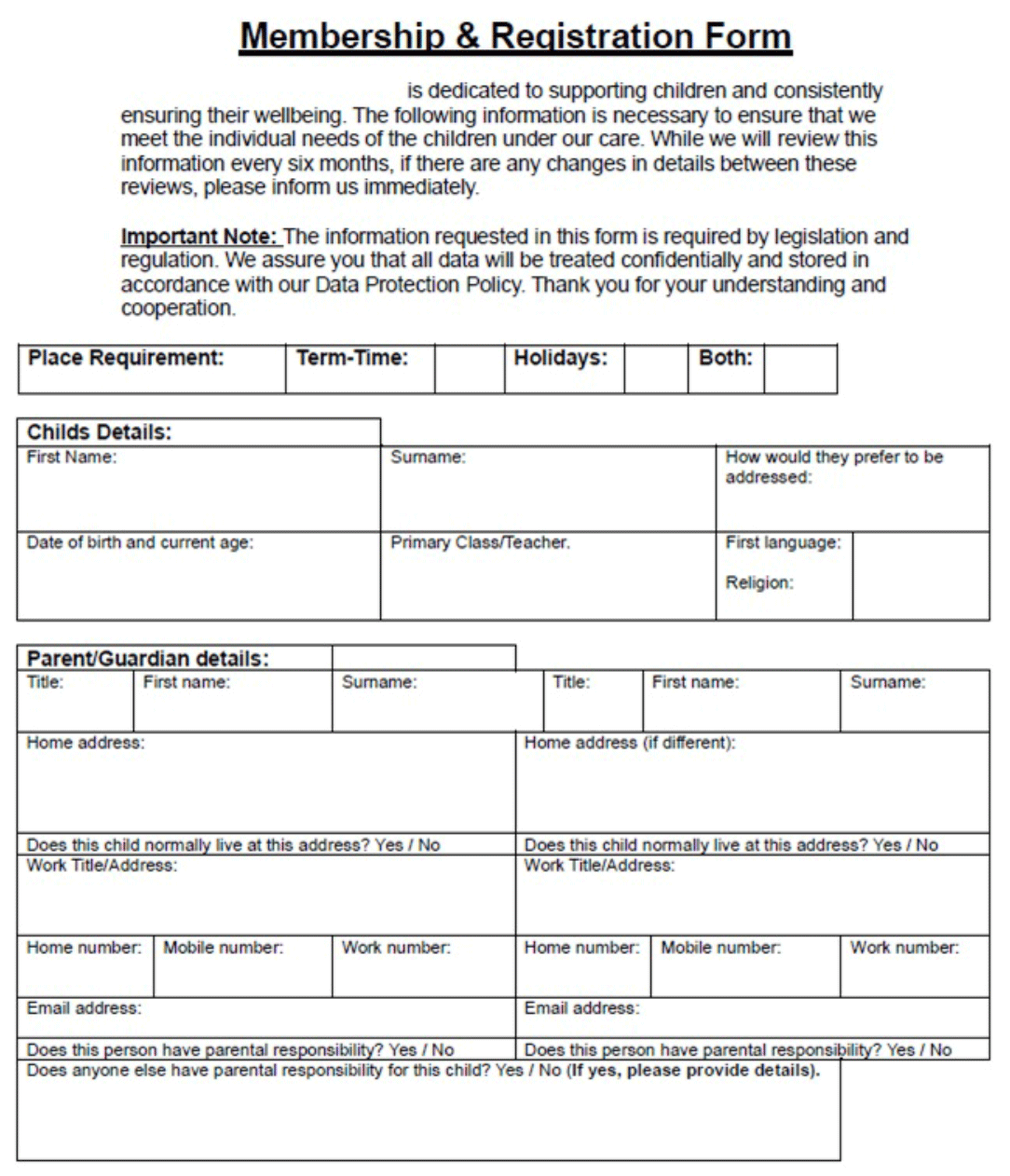 This page covers whether parents need term-time or holiday provision, and background details on the child attending and parent/guardian (including contact details).