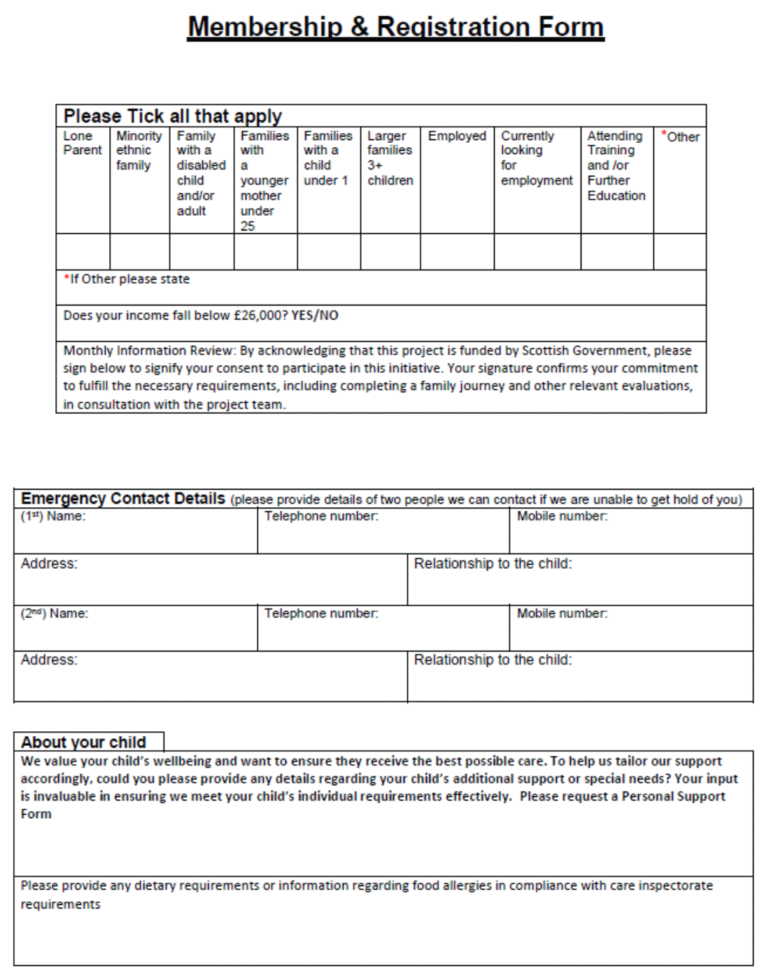 This page covers whether a family is part of the child poverty priority groups, income above or below £26000, emergency contact details and details on children's additional special needs or dietary requirements.