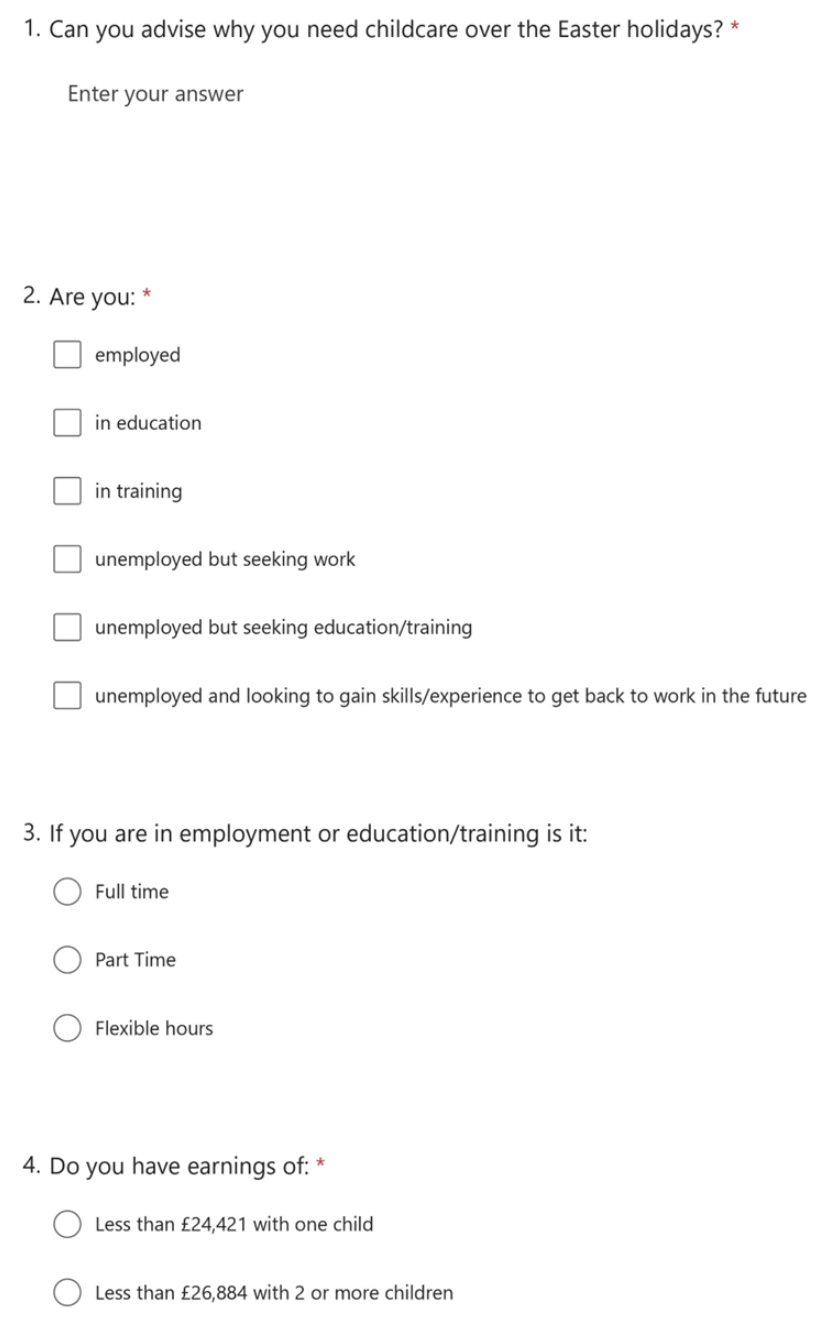 This page of the application covers reasons for needing childcare, employment status, and earnings. Earnings is recorded as less than £24,421 with one child; less than £26,884 with 2 or more children; or more than this.