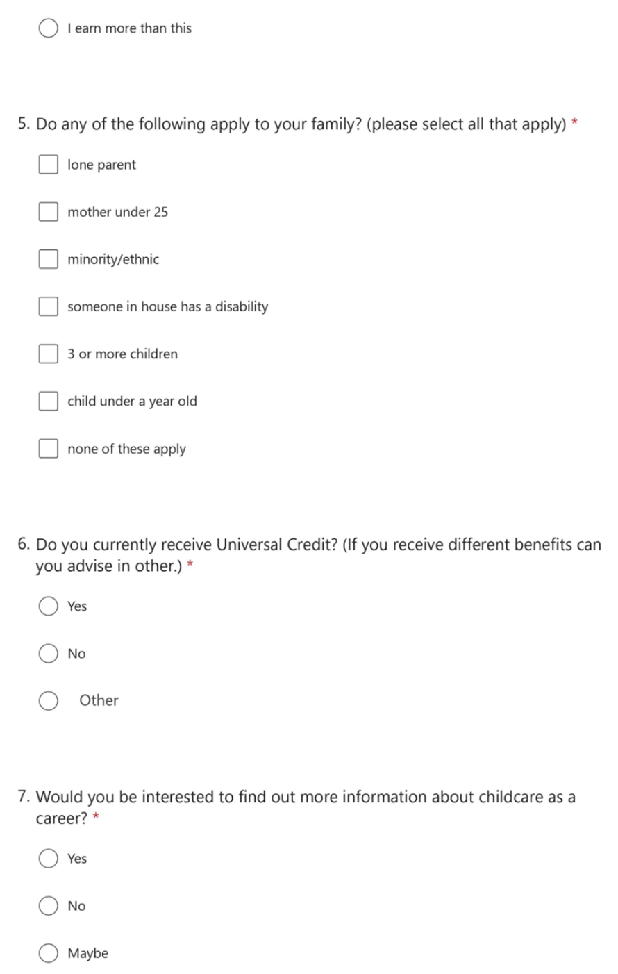 This page of the application covers priority family groups, receipt of Universal Credit, and interest in childcare as a career.