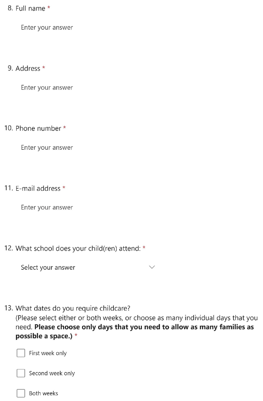 This page of the application covers name, address, phone number, email, school attended by children, and dates required for childcare over the Easter holiday.