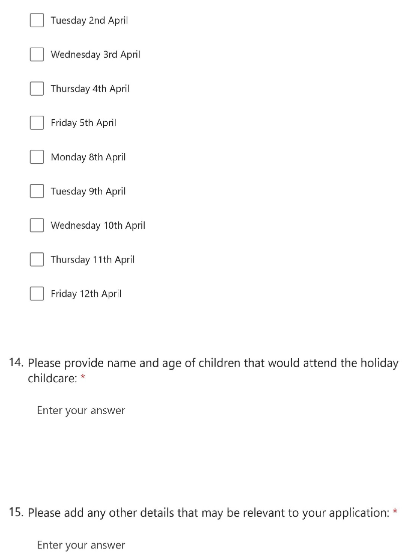 This page of the application covers name and age of children attending provision, as well as any other details that may be relevant for the respondent to include in the application.